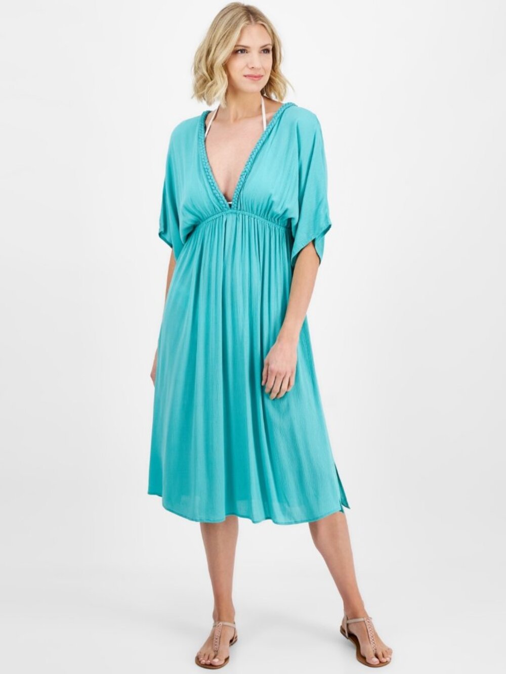 Raviya  Women's  Braid-Trim V-Neck Cover-up Dress, Aqua  Women Sizes NWT